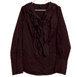 Ann Taylor Women’s Burgundy V-Neck Ruffled Long Sleeve Business Office Top Sz-8